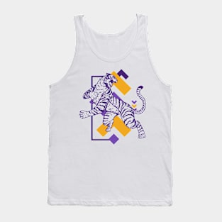 Retro Purple & Gold Tiger on the Attack // Vintage Geometric Shapes Background Tank Top